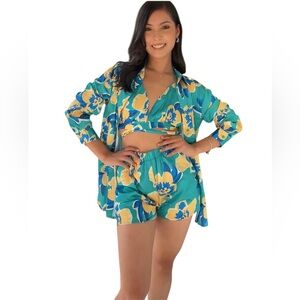 Floral Teal and Yellow Three-Piece Pants Set